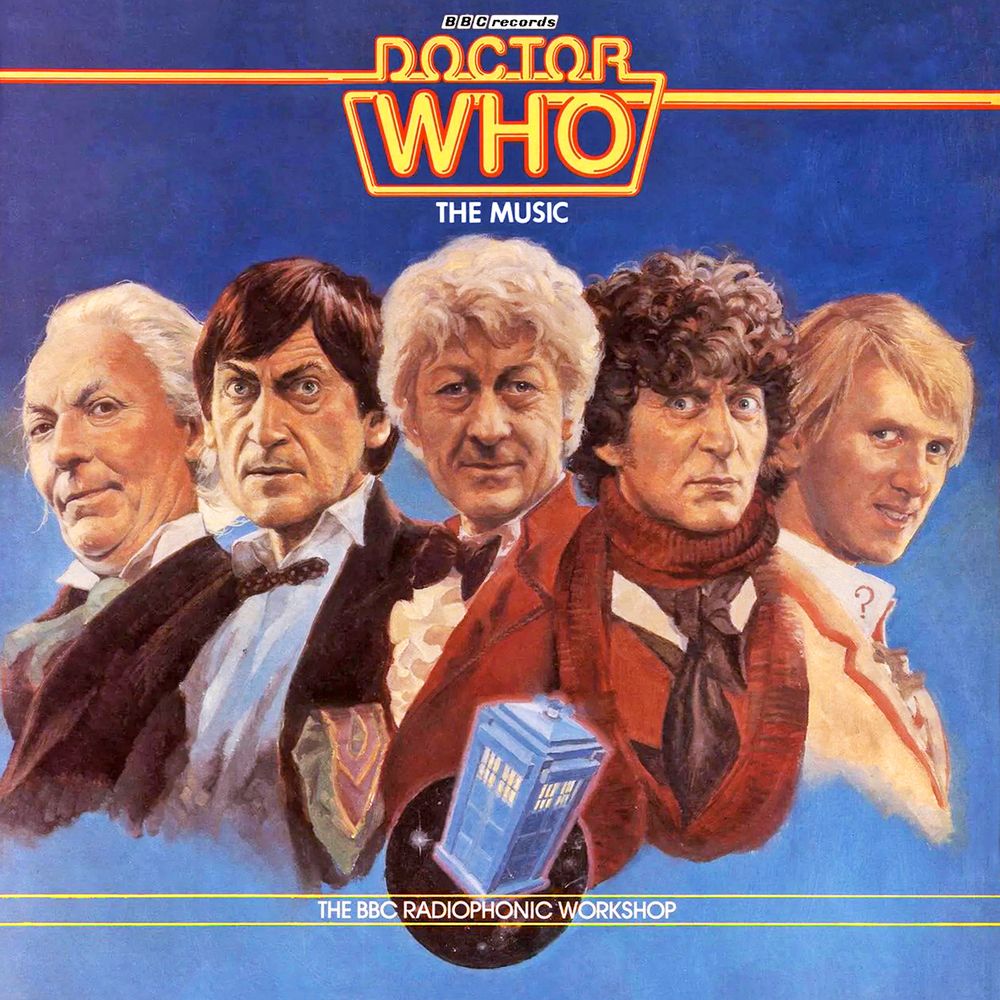 Doctor Who The Music album cover, iconic artwork of the first five Doctors by Iain McCaig