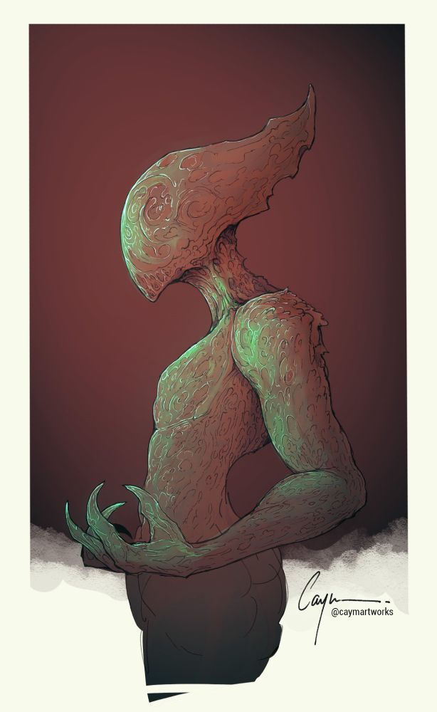 Half body side view of a human-like creature with monstruous features such as textured skin, claws on hand and a spike-shaped face with no face