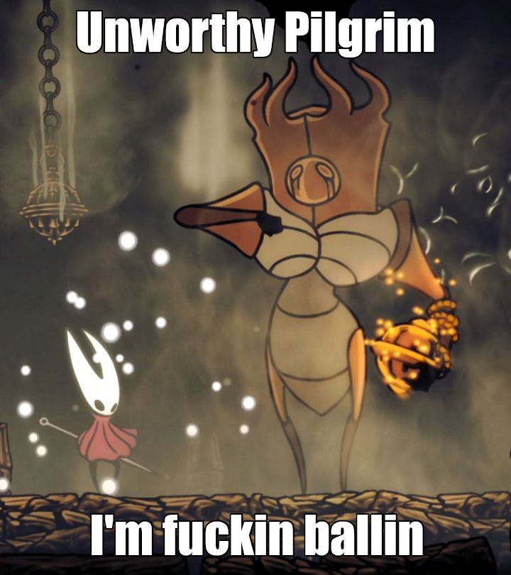 A screenshot of the Last Judge from Hollow Knight: Silksong, captioned "Unworthy Pilgrim I'm fuckin ballin"