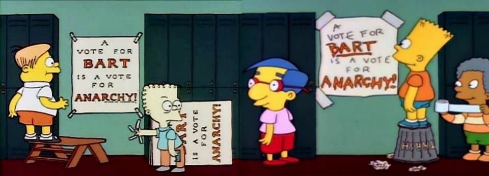 Two joined frames from an ancient Simpsons episode. On the left, Martin hangs a poster reading "A vote for Bart is a vote for ANARCHY." On the right, Bart hangs a crudely made poster reading "A vote for Bart is a vote for ANARCHY."