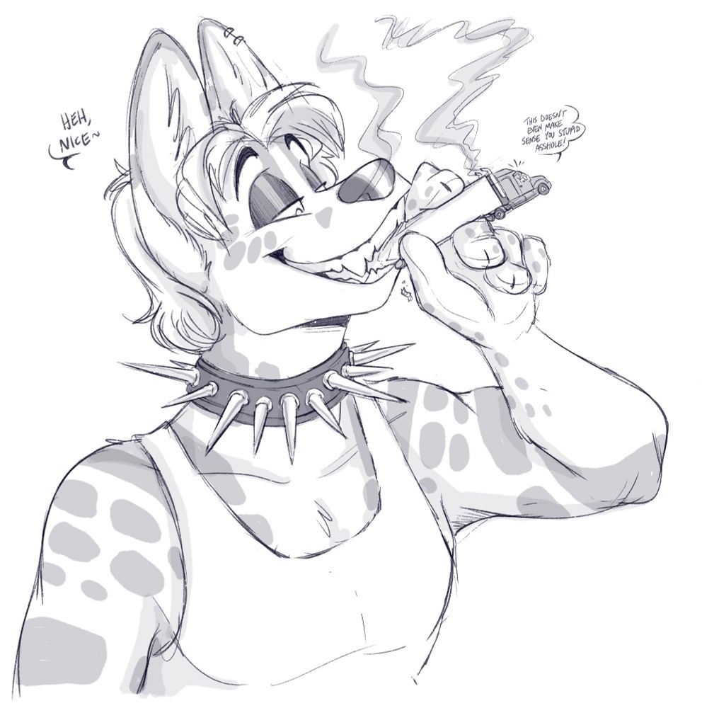 Casey, assumed to be very very large, holds a tractor trailer in his jaws like a cigar. He’s grinning as he holds it in his teeth, and smoke/exhaust plumes out of his nose and the truck. A little guy yells out the window “This doesn’t even make sense you stupid asshole!”

Casey is wearing a huge spiked collar and a tank top to mimic the fursuit pic it’s based on. 

It’s for the bit/aesthetic! 