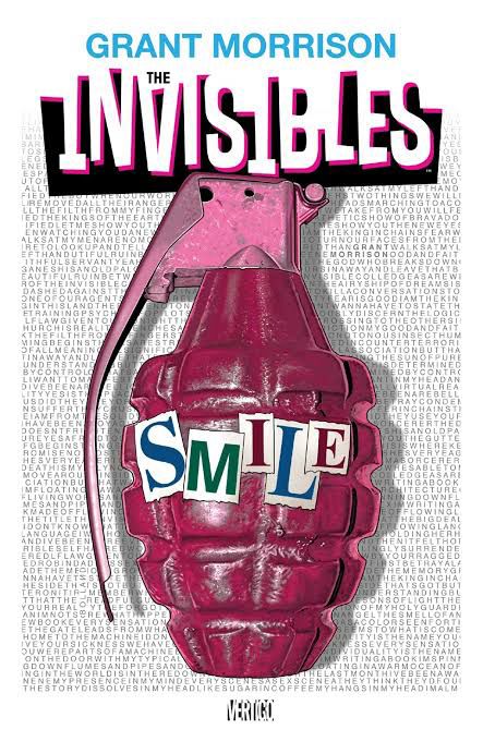 Cover of the comic omnibus of The Invisibles, a white background with a pop art purple grenade with cut-up letters spelling “smile” on it