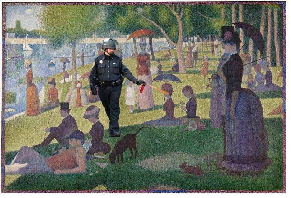 The popo pepper sprayed a sin bather in a a Georges Seurat painting 