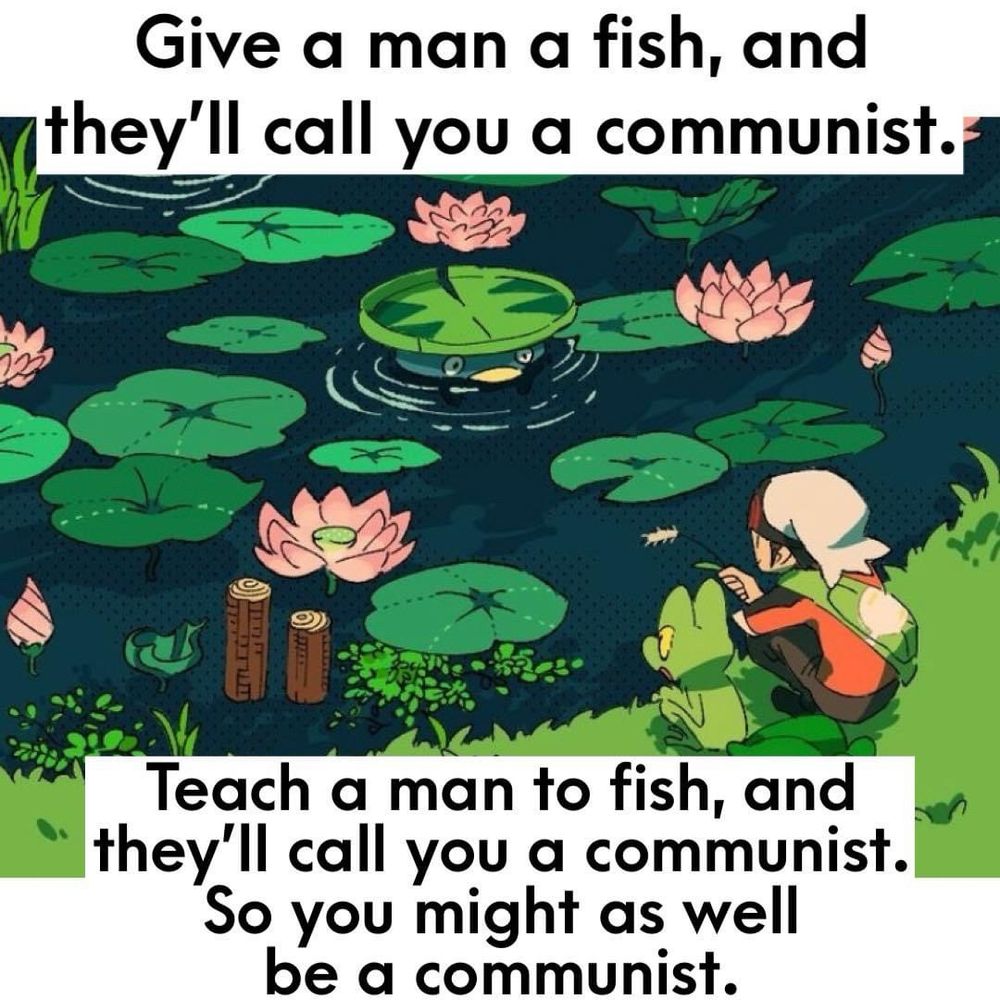 Give a man a fish, and they'll call you a communist.
Teach a man to fish, and they'll call you a communist.
So you might as well be a communist.