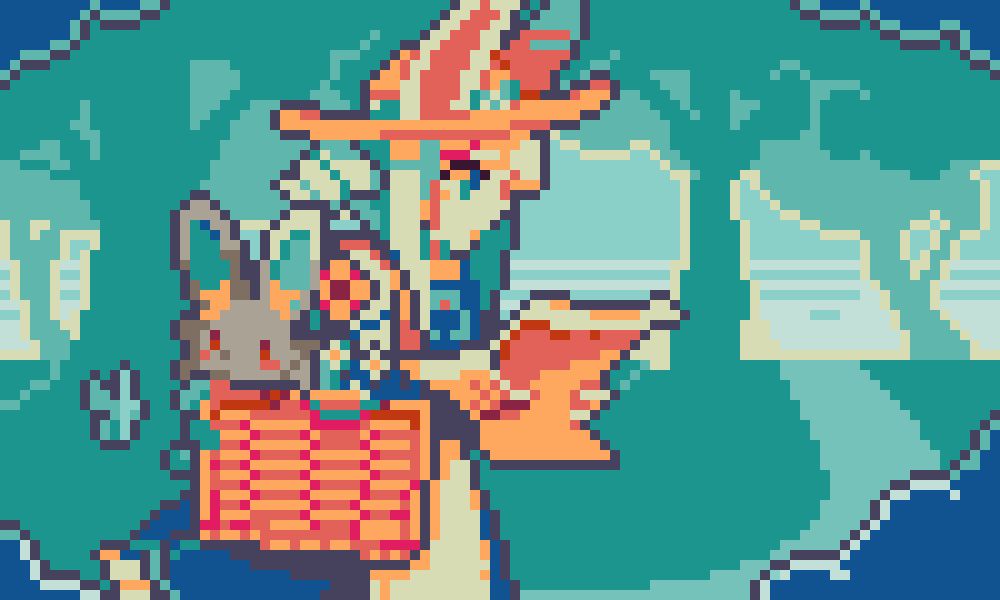 Pixel art of Riyu's original character, Rei, standing in the middle of a forest while looking at a map. They are definitely lost. 

Over one shoulder rests the strap of a basket which is holding various flowers that they collected, as well as one of their rabbit companions, Akihiko who is staring at a blue butterfly.

For the pixel daily theme "Wicker"