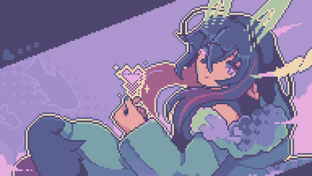 An anime-styled pixel art scene featuring Riyu floating in a purple dream-like cloudy sky, making a heart symbol with one of his hands as he stares at the 'camera'.

For the pixel daily prompt 'charm'.