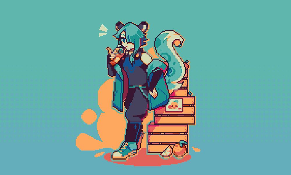 A pixel full body art of Riyu's OC Hiiragi the leopard nekomata.

Hiiragi, barista of a cat-cafe, leans against several wooden crates of oranges. She is holding a cup of freshly squeezed orange juice in her right hand, while using her left arm to stabilize herself on the crates. She definitely did not get permission to use the oranges.

For the pixel daily prompt 'orange'.