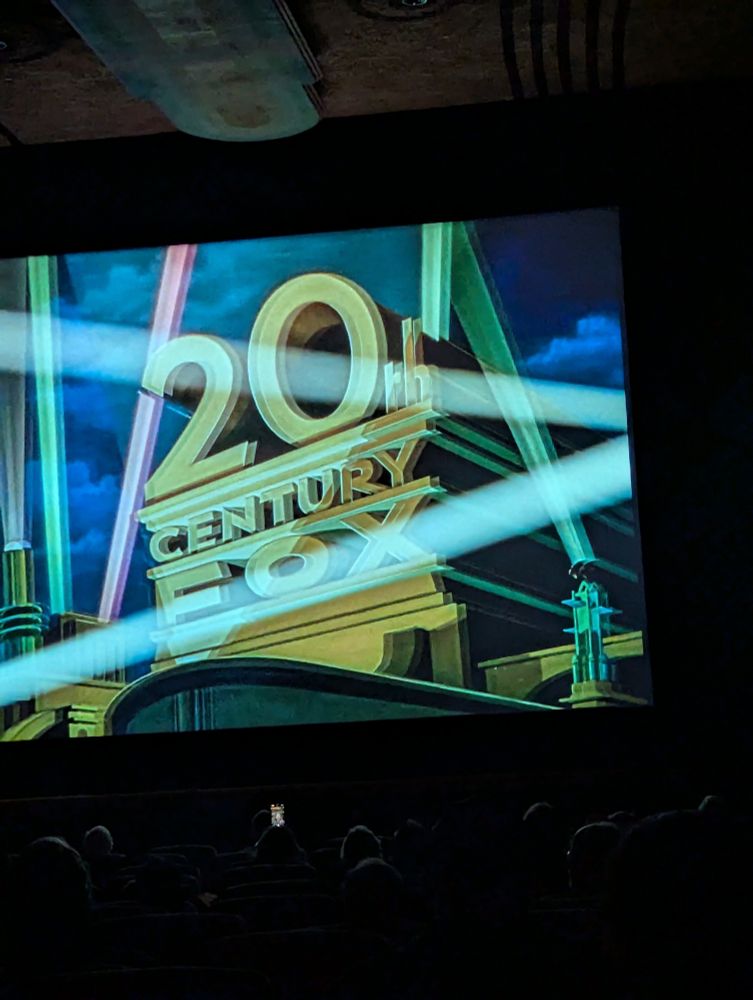 The 20th Century Fox logo at the beginning of Inferno (1953). It looks fine here, but seen through 3D glasses, it was blurred and flickering, and not in 3D. A projector reboot eventually fixed it.