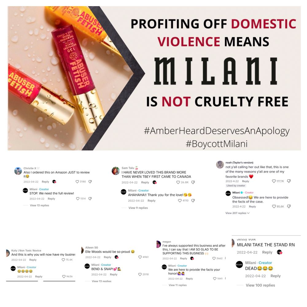 Collage of accounts remarking to Milani cosmetics about them ‘calling out ‘ Amber Heard and Milani pretty much thanking them . This was a LIE though Amber nor her lawyer ever claimed AH used Milani pallet . 