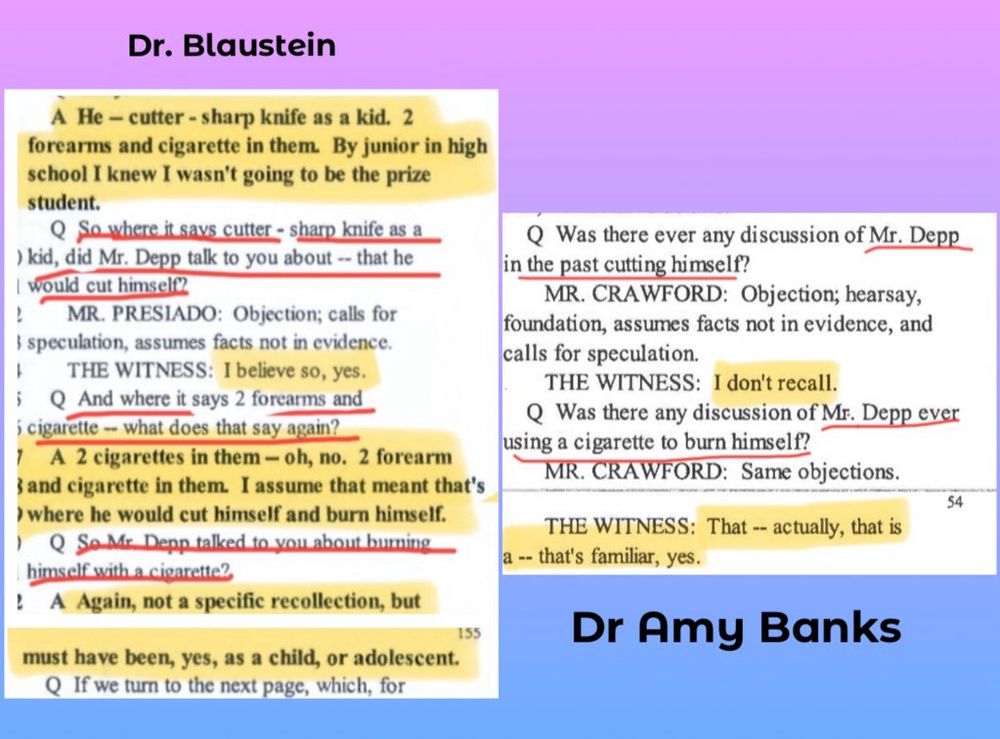 Dr. Blaustein
A He - cutter - sharp knife as a kid. 2
forearms and cigarette in them. By junior in high school I knew I wasn't going to be the prize student.
Q So where it savs cutter - sharp knife as a ) kid, did Mr. Depp talk to you about -- that he I would cut himself?
MR. PRESIADO: Objection; calls for I speculation, assumes facts not in evidence.
THE WITNESS: I believe so, yes.
; Q And where it says 2 forearms and ; cigarette - what does that say again?
1 A 2 cigarettes in them - oh, no. 2 forearm
3 and cigarette in them. I assume that meant that's ) where he would cut himself and burn himself.
/ Q So Mr Depp talked to you about buming himself with a civarette?,
! A Again, not a specific recollection, but
155
must have been, yes, as a child, or adolescent.
Q If we turn to the next page, which, for
Q Was there ever any discussion of Mr. Depp
in the past cutting himself?
MR. CRAWFORD: Objection; hearsay, foundation, assumes facts not in evidence, and calls for speculation.
THE WITNESS: I don't recall.
Q Was there any discussion of Mr. Depp ever using a cigarette to burn himself?
MR. CRAWFORD: Same objections.
54
THE WITNESS: That -- actually, that is
a -- that's familiar, yes.
Dr Amy Banks