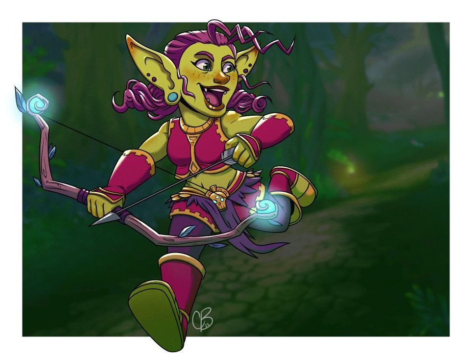 Artwork of a Goblin Hunter named Amenduhh from World of Warcraft running along a path with red and gold armour and a glowing bow. The BG is a blurred screenshot from the game.
The character belongs to @amenduhh.bsky.social‬