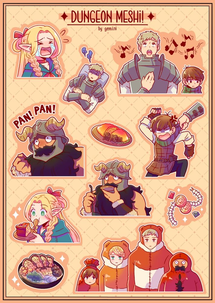 Cartela de adesivos com os personagens do anime "Dungeon Meshi".