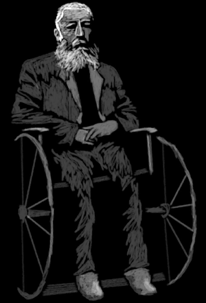 A chalky drawing of an old man sitting in a wheelchair. A black background consumes some of the image in darkness.