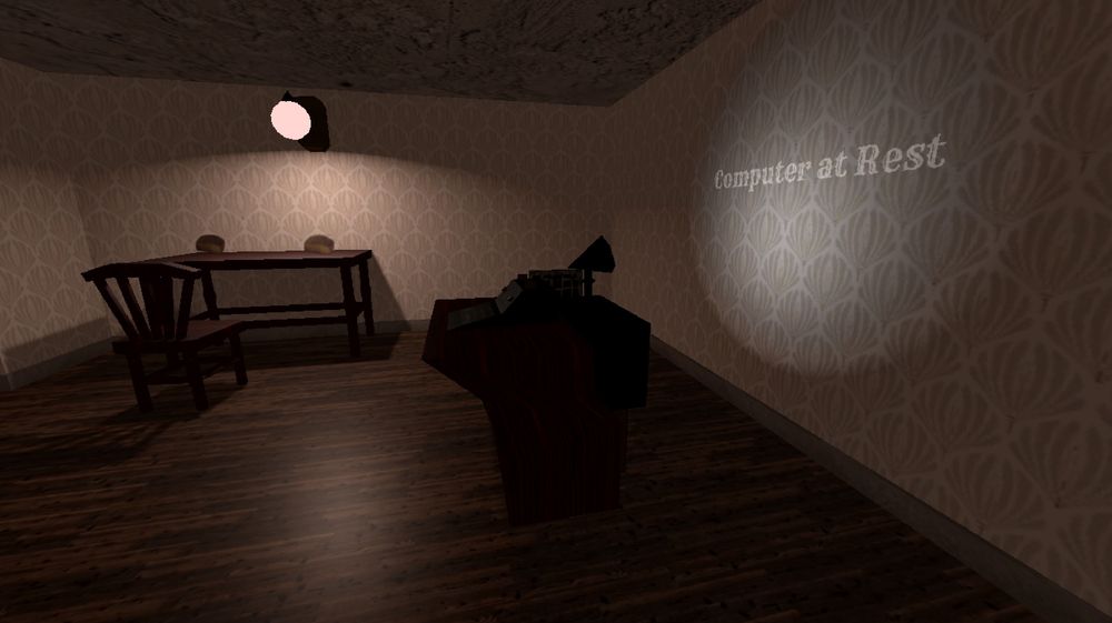A video game screenshot showing a small, dimly lit room with a desk on one end and a projector on the other. The projector is displaying text that reads “Computer at Rest”.