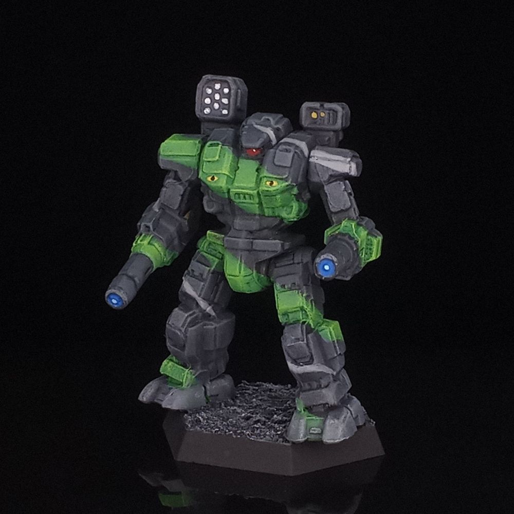BattleTech's Warhammer 'Mech, painted in bands of dark gray, light green, and thin wisps of light gray. It has yellow eyes painted on its side torsos.