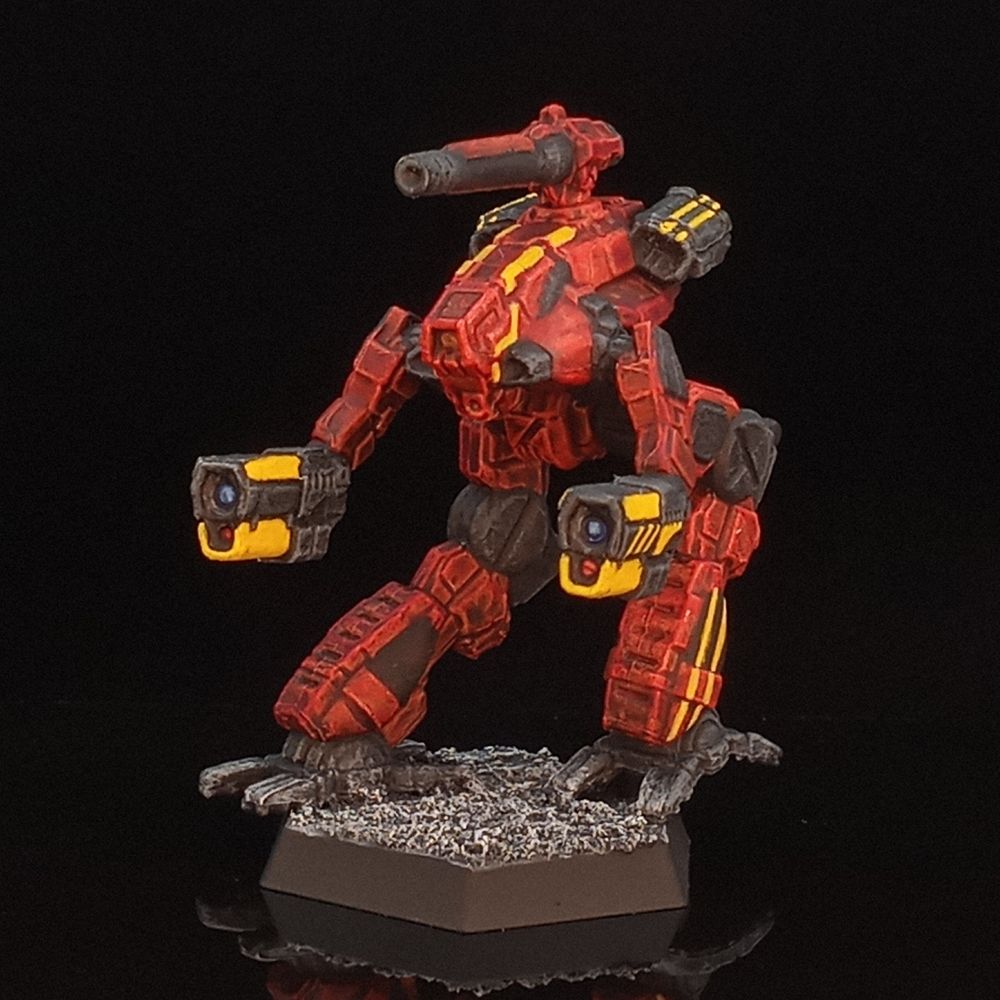 BattleTech's Marauder, a bird-legged 'Mech with a long, thin torso, gun pods for forearms, and a cannon on top. It's painted red and black with yellow accents.