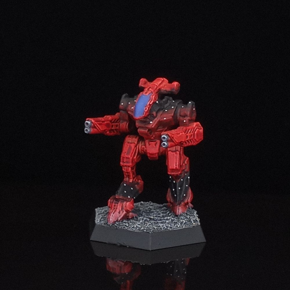 BattleTech's Gunsmith, a diminutive machine with a sleek, futuristic look. It has back-canted legs, guns for arms, and a long head with a prominent canopy. It's painted red with gradiated black on its shoulders and calves; the black is dotted with gray to suggest starfields.
