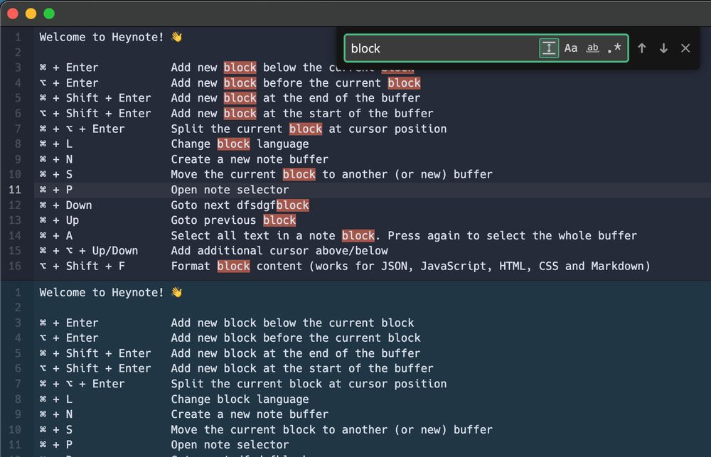 Screenshot of Heynote showing the new search UI