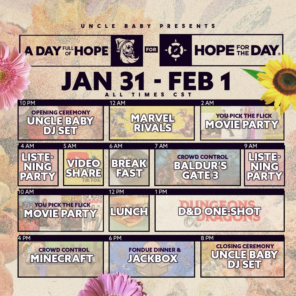 An informational post about a 24 hour live stream for charity. The schedule is included.