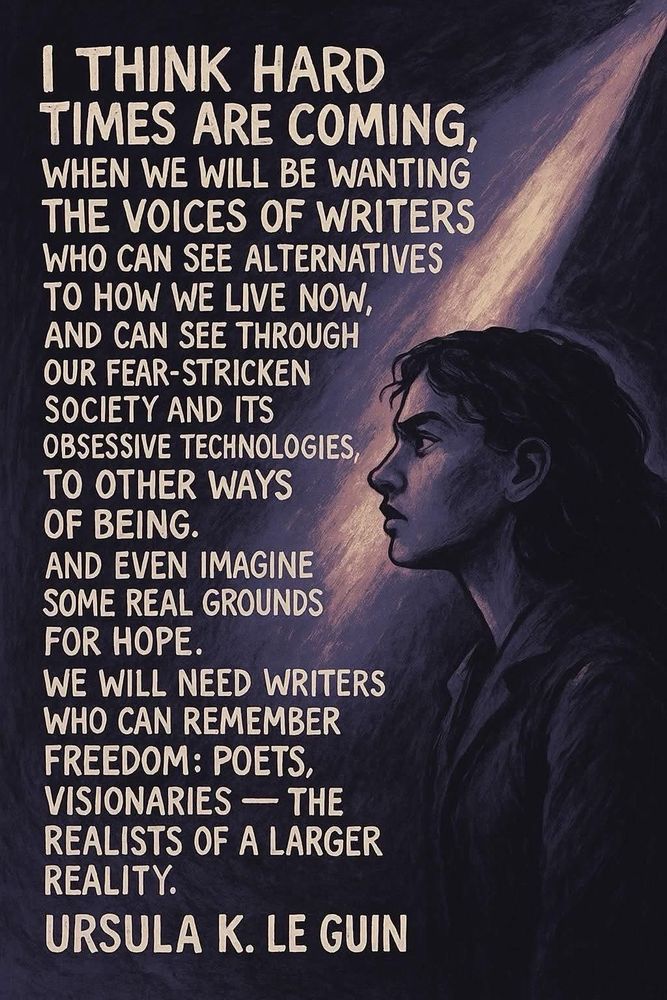 “I THINK HARD TIMES ARE COMING, WHEN WE WILL BE WANTING THE VOICES OF WRITERS WHO CAN SEE ALTERNATIVES TO HOW WE LIVE NOW, AND CAN SEE THROUGH OUR FEAR-STRICKEN SOCIETY AND ITS OBSESSIVE TECHNOLOGIES, TO OTHER WAYS OF BEING. AND EVEN IMAGINE SOME REAL GROUNDS FOR HOPE. WE WILL NEED WRITERS WHO CAN REMEMBER FREEDOM: POETS, VISIONARIES — THE REALISTS OF A LARGER REALITY.” —URSULA K. LE GUIN