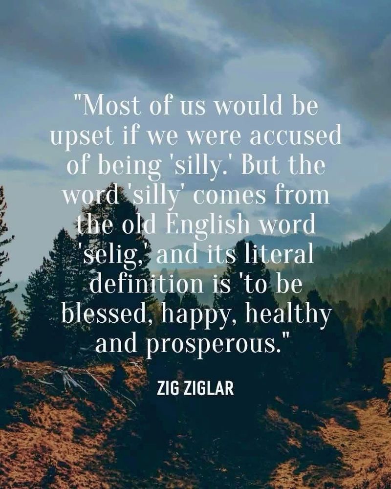 “Most of us would be upset if we were accused of being 'silly.' But the word ‘silly' comes from the old English word ‘selig,’ and its literal definition is to be blessed, happy, healthy and prosperous.” –ZIG ZIGLAR