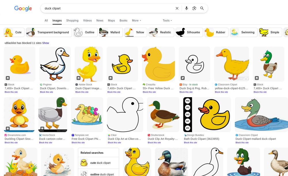 Google images result for "duck clipart". Most are yellow baby ducks, the adults are mostly mallards.
