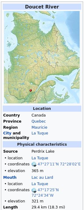 The English Wikipedia infobox for Doucet River. The source is listed as having longitude 72°28'02"E.