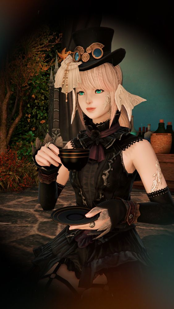 Arue in a fancy black and dark purple dress, wearing a classy hat