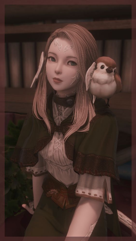 Arue in her ARR hairstyle and outfit, with a sparrow on her shoulder