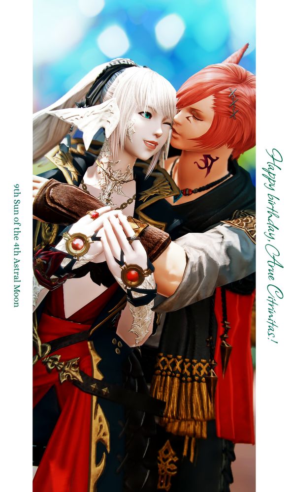 Gpose picture of Warrior of Light, Arue Citrinitas, who is a female au ra with a high blond ponytail and teal eyes. She is held by G'raha Tia, who kissed her cheek. She has a giant smile on her face as she closes her eye closer to the kissed place. 
There are two texts on the sides: "Happy birthday, Arue Citrinitas!" and "9th Sun of the 4th Astral Moon" which is the date 7th July in FFXIV calendar. 