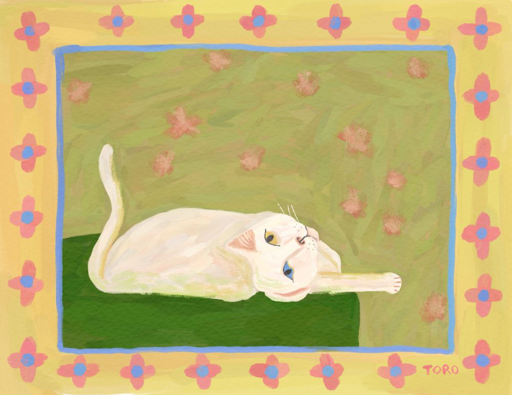 Illustration of a white cat with heterochromia rolling over on his back framed with various flowers