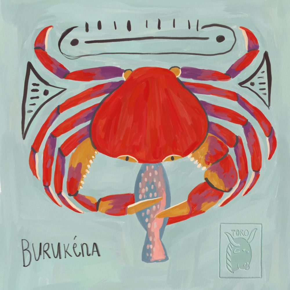 Illustration of a red, purple, and gold crab eating a pink and blue fish. There are Taino inspired designs around it and handwritten text "burukéna"