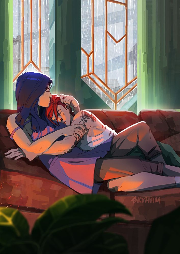 A drawing of Caitlyn and Vi cuddled up on a couch by a fireplace. Vi is asleep on Caitlyn's chest and Caitlyn is pressing a kiss to her hair. Outside, it is raining.