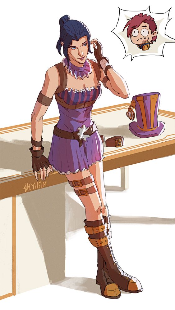 Caitlyn (Arcane) dressed in her original League of Legends outfit, leaning against a fancy table. Her tophat and two of her leg straps are on the table. On the upper right is cartoon depiction of Vi, eyes bugging out, as a reaction offscreen.