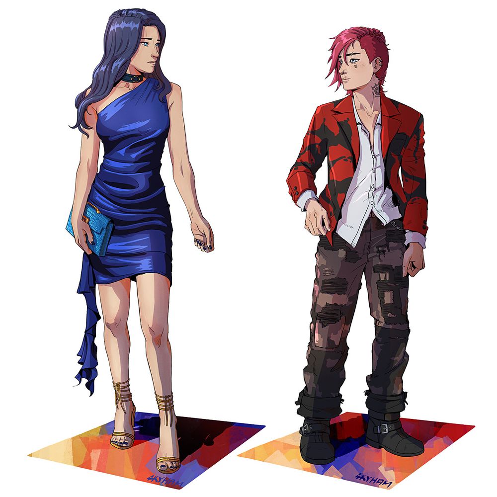 A drawing of Caitlyn and Vi -  Caitlyn's in a blue dress, while Vi's in a red and black jacket and cargo pants.