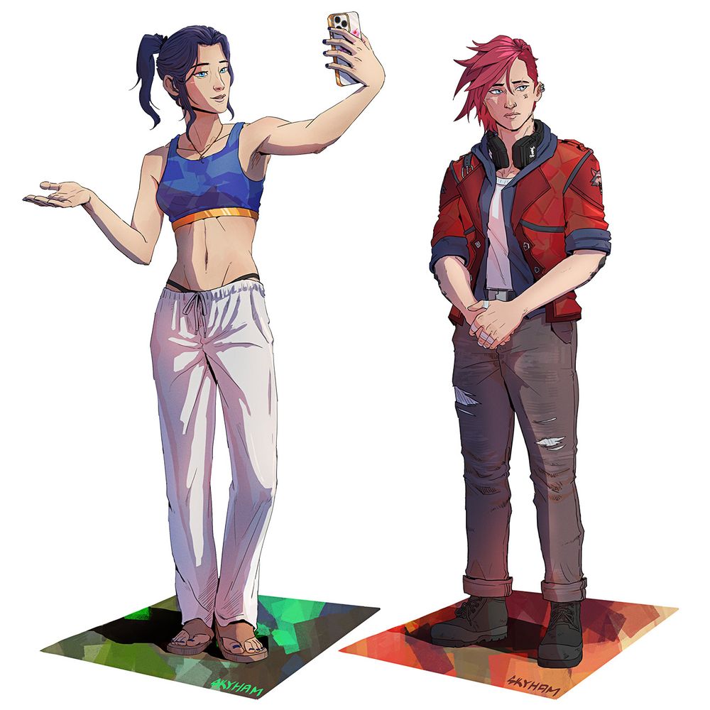 A drawing of Caitlyn and Vi -  Caitlyn's in a crop top and linen pants, taking a selfie, while Vi is in her red jacket with headphone around her neck.
