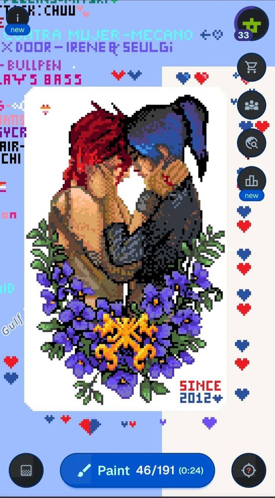 A pixel drawing of Caitlyn and Vi on wplace. It's a still from the jail scene where they're cradling each others' faces, with the Kiramman keys over violets overlaid on top. On the top left corner is a small heart in the lesbian colors. On the bottom right are the words "since 2012"