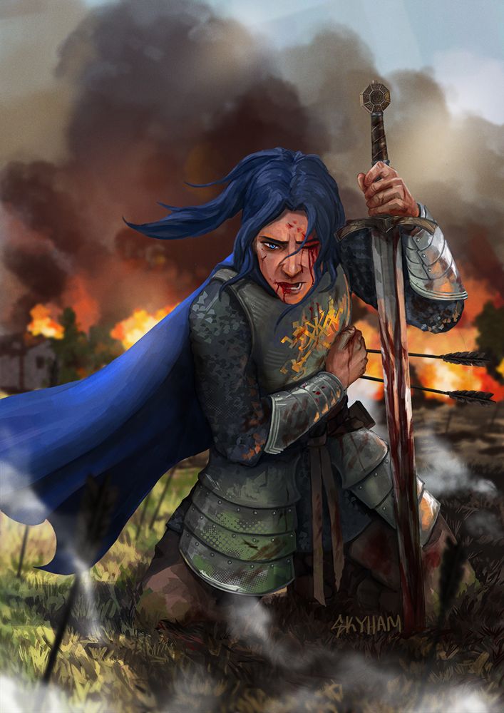 A painting of Caitlyn as a knight. She is clutching her side where two arrows are lodged and is gripping onto a sword for support.