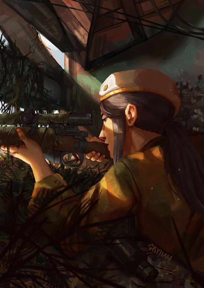 A painting of Caitlyn with a sniper rifle wrapped in webbing for camouflage. She is surrounded by grass to further conceal her location.