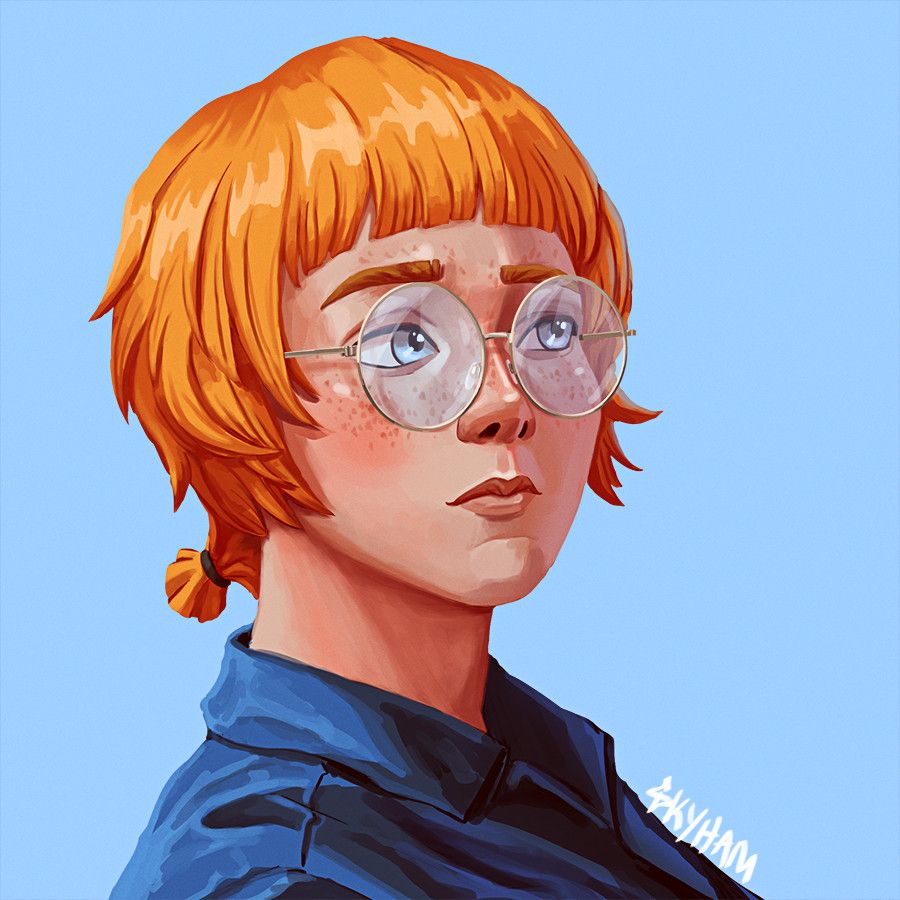 A painting of Maddie Nolen with round glasses and a blue collared button-up.
