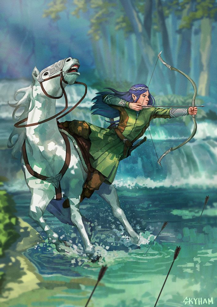 A painting of Caitlyn shooting an arrow from a horse. She is leaning from the seat as the horse swerves.