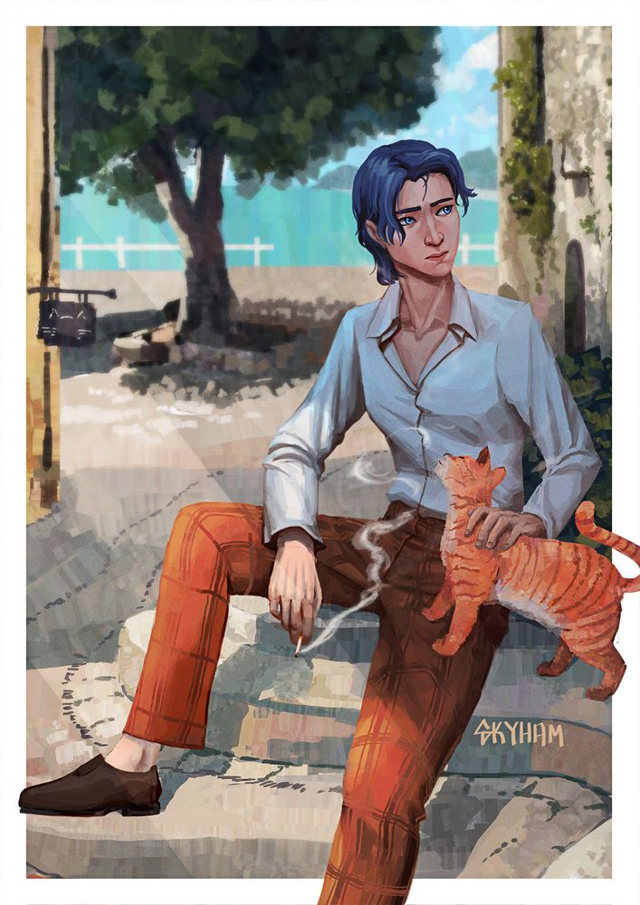 A painting of Caitlyn with short hair and in a white button up. She is holding a cigarette in one hand and the other is trying to push away a cat on her lap.