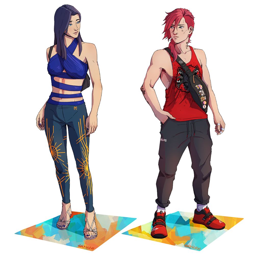 A drawing of Caitlyn and Vi in casual outfits. Caitlyn is in athleisure yoga pants and a strappy top. Vi is in a racerback top and loose pants, with a belt bag down her front that has queer pins and patches. 