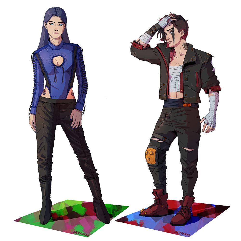 A drawing of Caitlyn and Vi in club outfits. Caitlyn is in a blue bodysuit with cutouts down the cleavage and hips (based on a Dua Lipa album outfit). Vi is in her pitfighter outfit.