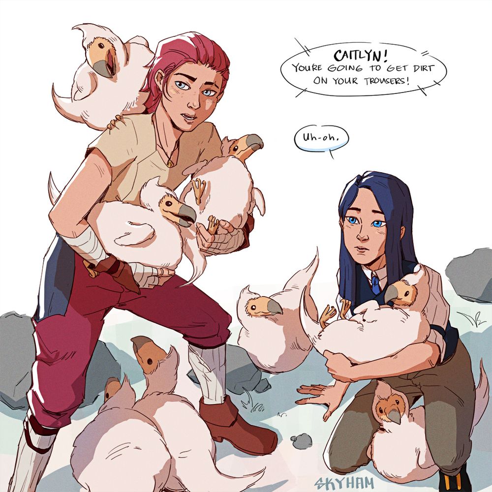 A drawing of Caitlyn and Vi carrying some baby seikret and looking guilty at being caught.