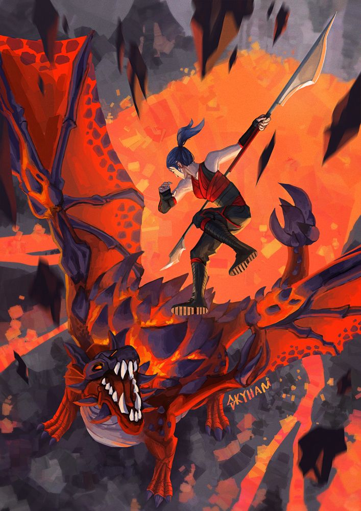 A painting of Noxian Caitlyn with a polearm, attacking a infernal drake from above.