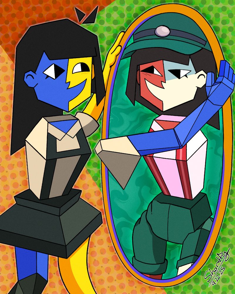 A recreation of Pablo Picasso's "Girl before a Mirror" with the two variations of Joel Guerra's character ENA
