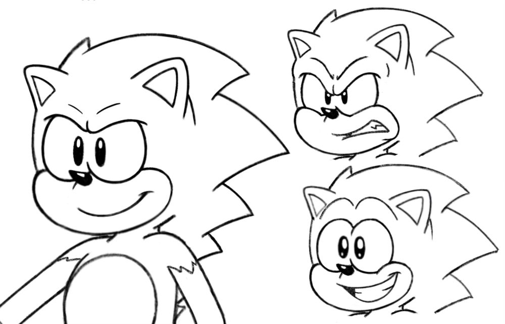 A bust sketch of my attempt at a Sonic the Hedgehog design, with isolated angry and jovial expressions next to him. 