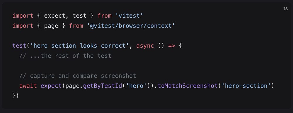 The example of a test that tests an element is consistent between code changes. The code includes `expect(element).toMatchScreenshot('hero-secion')`