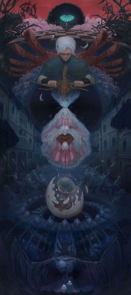 The image is a surreal and intricate artwork divided into layers, each depicting a distinct theme and narrative. At the top, a figure with white hair and something looking like mechanical wings holds a golden item, surrounded by a dreamlike, red-sky environment with a checkerboard floor and ominous eye-like structures. Below, a dual representation of a woman in flowing pink garments holds a blood-dripping egg, signifying life or creation, amidst a gothic cityscape. The lower portion transitions into darker tones, showing a skeletal figure with bat-like wings, a broken egg, and shadowy, eerie surroundings, giving a sense of descent into the underworld or chaos. The composition blends themes of divinity, creation, and decay.

Have a great day! <3